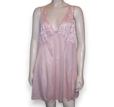 Vintage Shadowline Cami Babydoll Gown-Size 3X-1980s-Pink-Semi Sheer Bodice-Bow