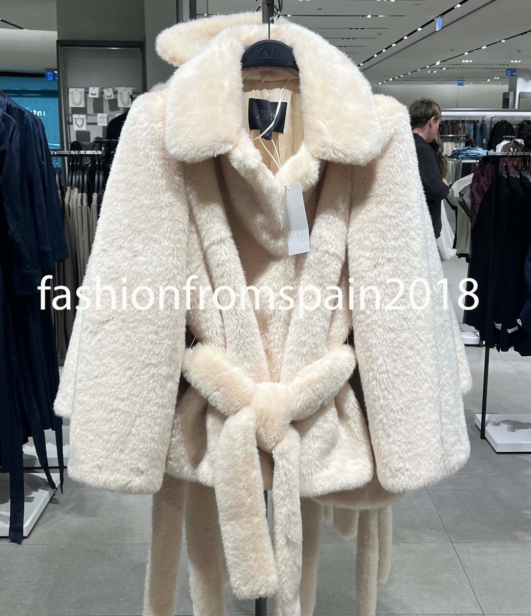 ZARA NEW WOMAN ZW COLLECTION FAUX FUR BELTED COAT ECRU S,M,L 3945