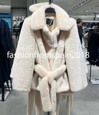 ZARA NEW WOMAN ZW COLLECTION FAUX FUR BELTED COAT ECRU S,M,L 3945