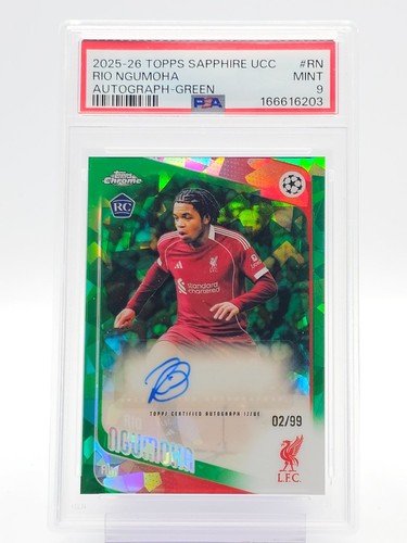 RIO NGUMOHA 2025-26 TOPPS CHROME UEFA ROOKIE AUTO GREEN SAPPHIRE /99 PSA 9 Q3442