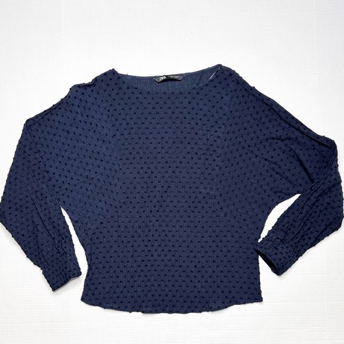 ZARA Damska Ciemnoniebieska Teksturowana kropka Długi rękaw Relaks Fit Bluzka Top M - Zdjęcie 1 z 6