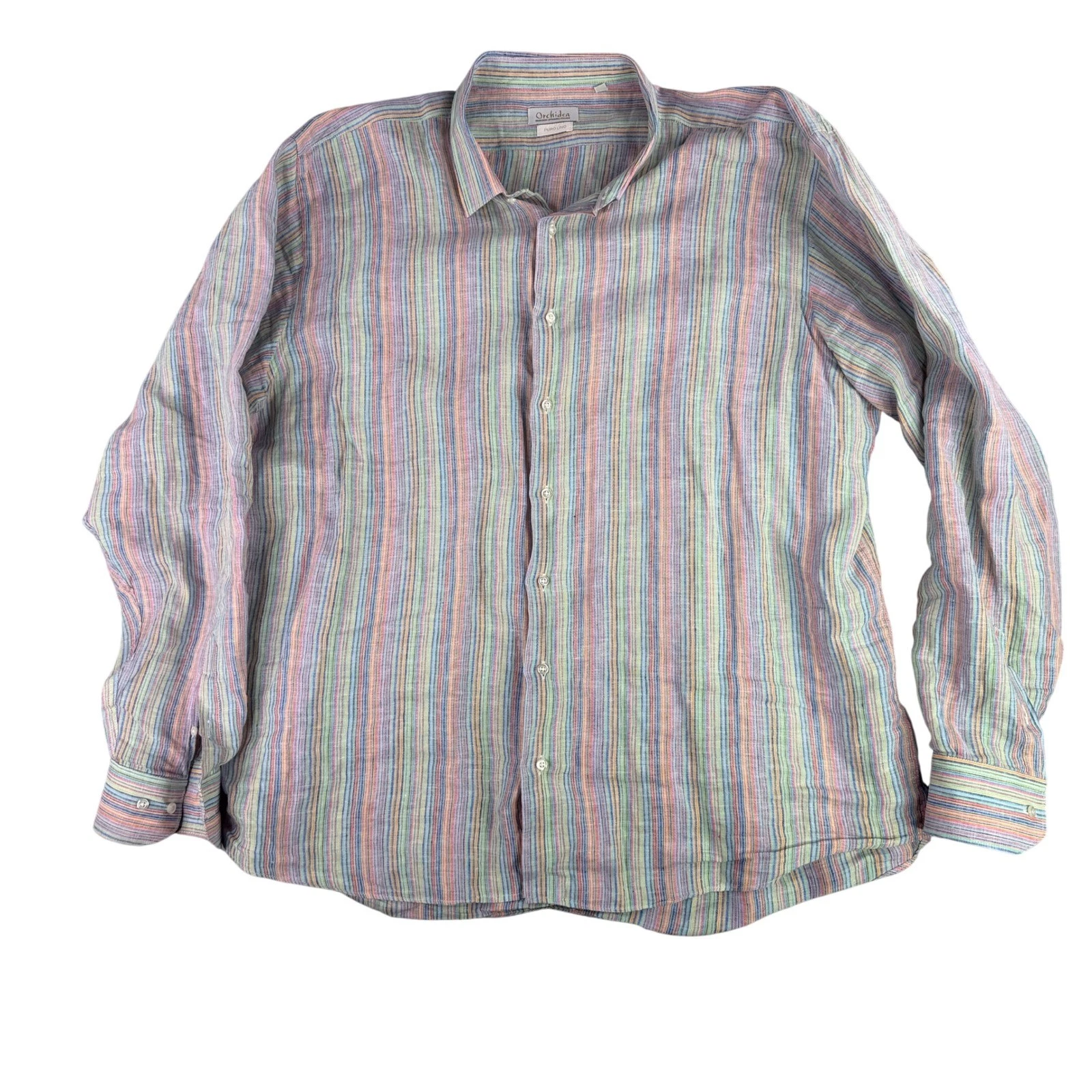 Orchidea Button Down Shirt Mens 4XL Multicolor Striped Italian Linen Puro Lino