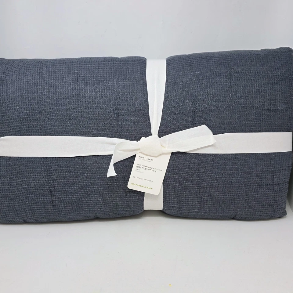 Edredón gofre Pottery Barn lino europeo completo reina y 2 fundas acero azul Foto 2 de 2
