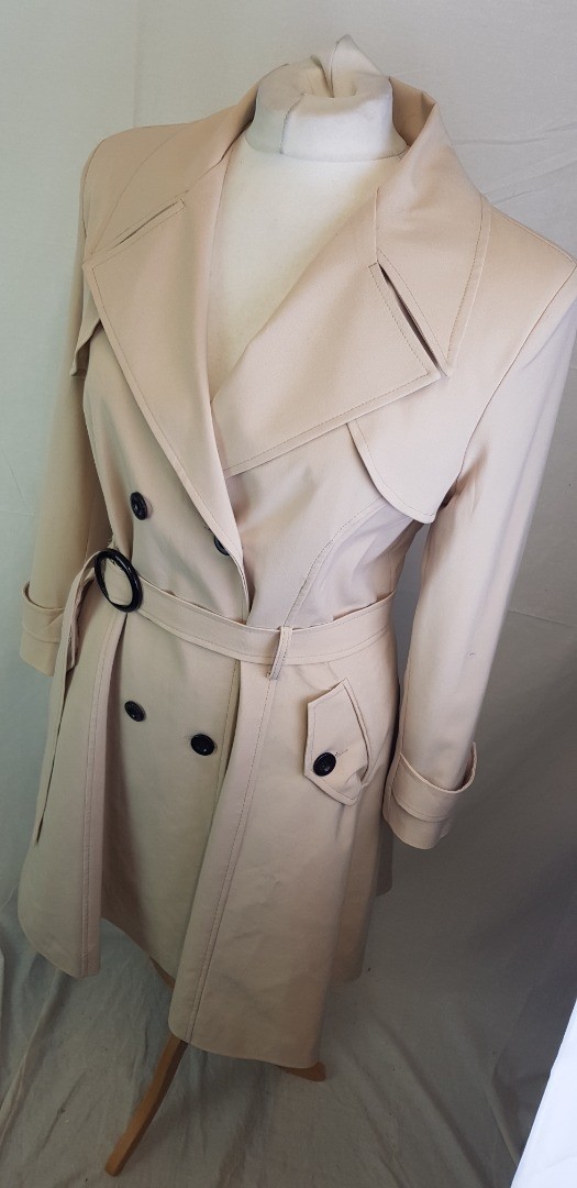 De La Creme Beige Trench Coat Belted Double Breasted UK Made Classic Size 10/12