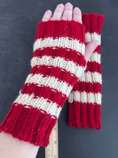 100% Wool Hand Knit Fingerless Gloves Red White Stripes Winter Hand Warmers