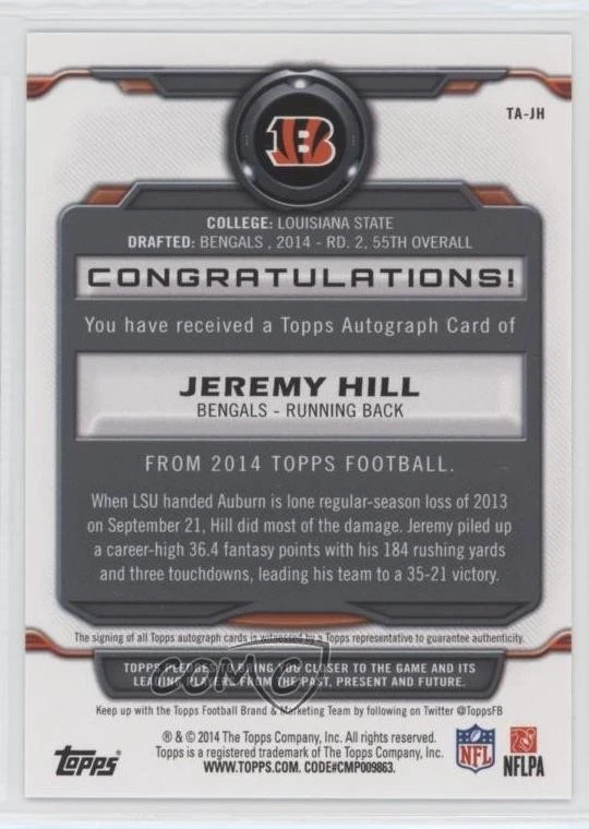 2014 Topps Auto Jeremy Hill #TA-JH Rookie Auto RC - Image 2 of 2