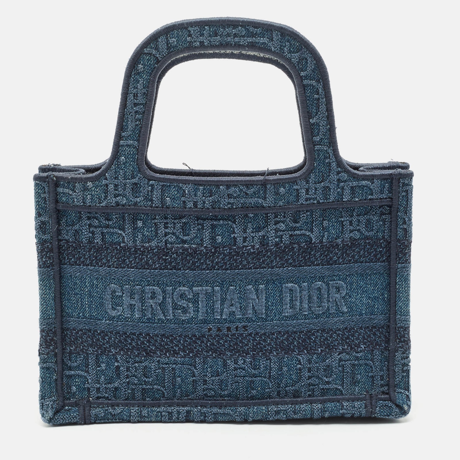 Dior Blue Oblique Embroidered Denim Mini Book Tote Bag