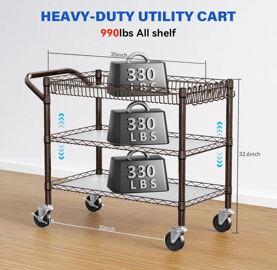 Bronze Utility Rolling Cart  3 Tier Heavy Duty Metal Cart with Wheels & Handle - Image 4 of 4