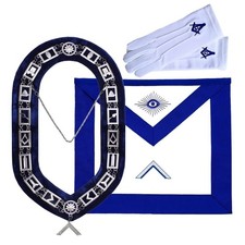 Masonic Regalia Blue Lodge Officer Worshipful Master Apron, Silver Chain Coll...