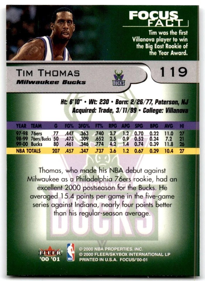 2000-01 Fleer Focus Tim Thomas Basektball Cards #119 - Image 2 of 2