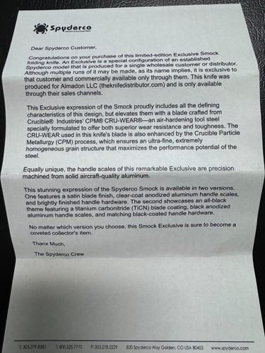 Spyderco Smock CPM-CruWear TiCN Black Blade Black Aluminum Handles C240BKALBKCWP - Picture 6 of 6