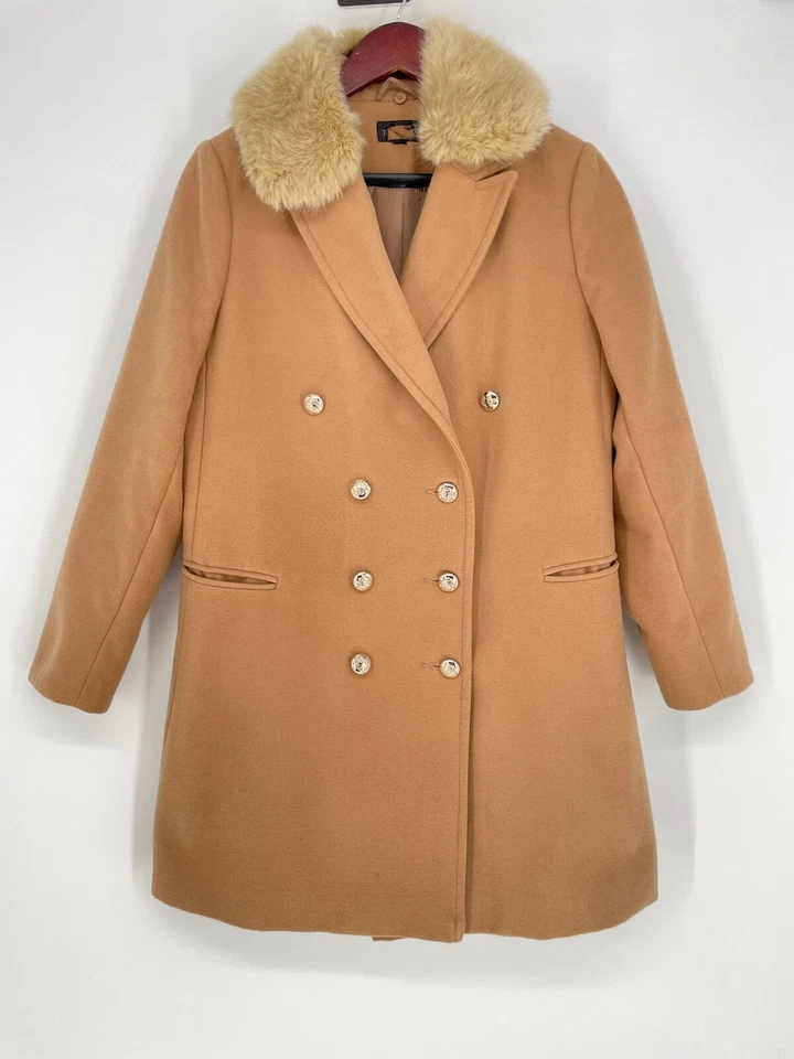 Topshop Talla 10, UK14 Cuello de Piel Abrigo de Invierno Militar Ciudad Chaqueta Larga Tostado Camel Foto 2 de 4