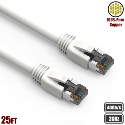 25FT CAT8 RJ45 Network LAN Ethernet Patch Cable S/FTP 2GHz 40Gbps Copper White
