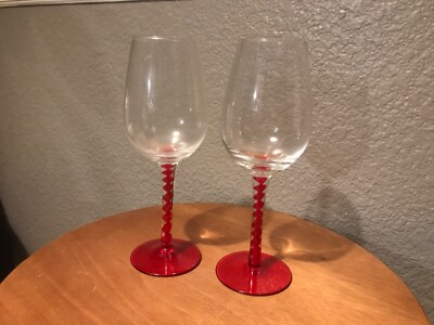 2 HUTSCHENREUTHER RUBINO ICE TEA / WINE STEM RUBY BLOOD RED TWIST ART GLASS EUC