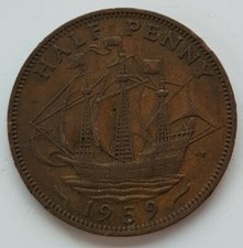 Old Coin 1959 Ship Halfpenny British