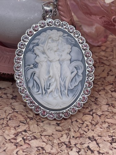 Anniversary Gift Blue Wedding White Cameo 3 Muses Dance Silver Crystal Necklace - Picture 6 of 11