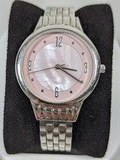Womans Pink Pearlized Dial Silver Tone Round Case Hinge Open Cuff Band Watch