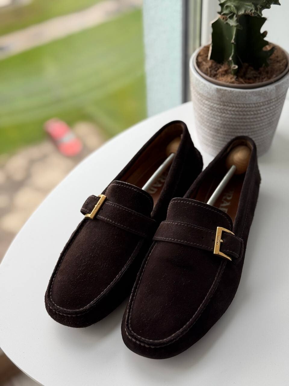 Prada Brown Suede Gold Buckle Loafers Size 44 EU 11 US Luxury Driving Shoes $850