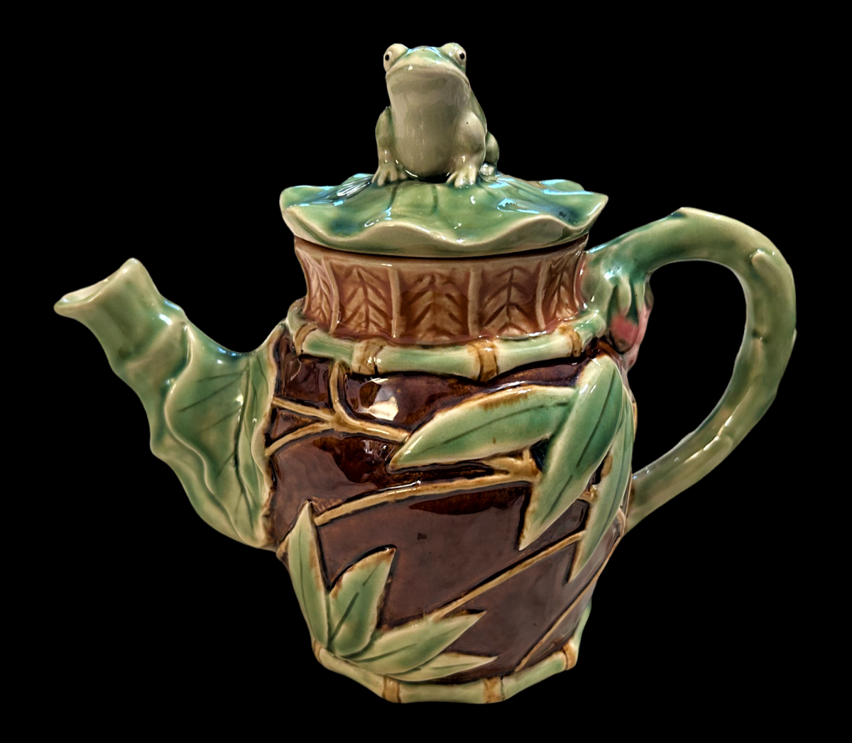 Vintage Henriksen Imports Majolica Tea Pot with Frog Sitting Atop