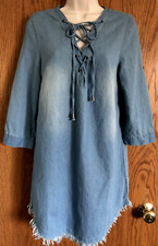 Love Tree Denim Dress Blue Jean Style Tie Front 3/4 Sleeves Raw Hem Jrs Sz L NWT