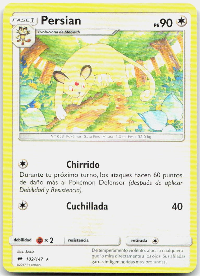 Persian 102/147 Rare Burning Shadows Pokemon Lightly Played