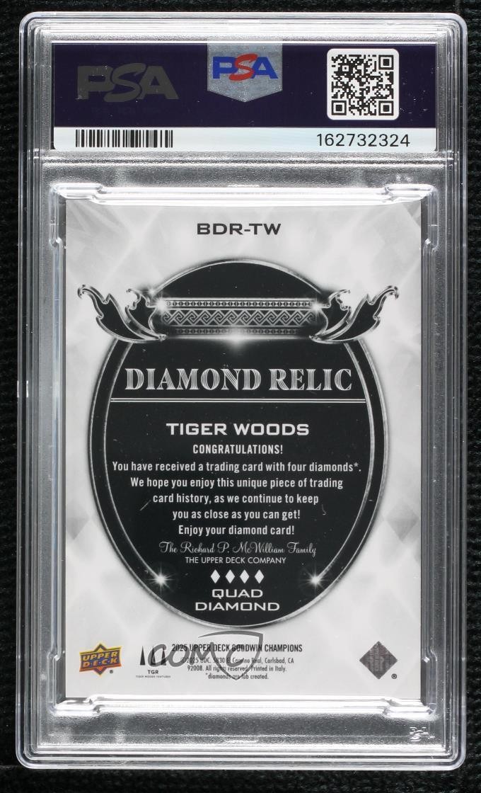 2025 Goodwin Champions Black Diamond Stone Relics Quad 30/99 Tiger Woods PSA 7 view 2