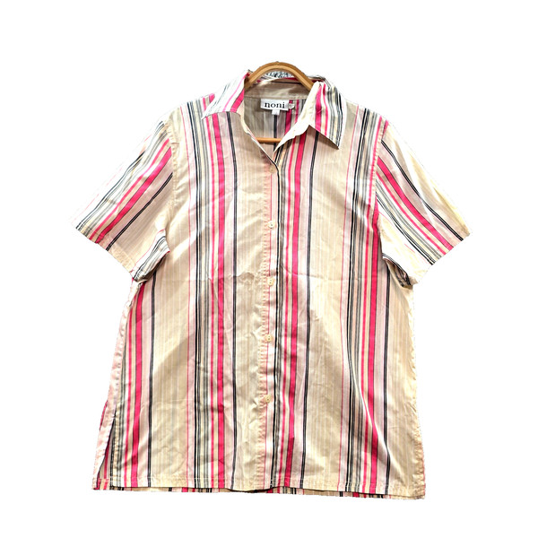 Vintage Noni B Top Womens Shirt Size 12 Beige Pink Stripe Short Sleeve Collared