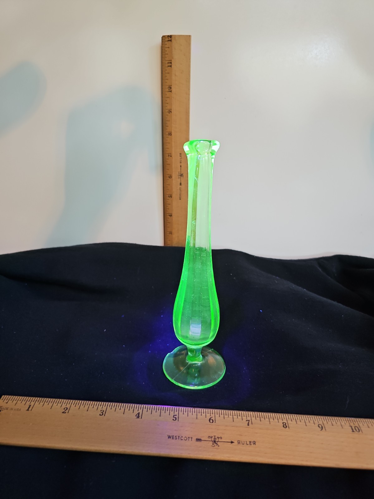 Chipped-Uranium Glass Bud Vase with Fluted Rim Vintage, Glows Under UV, 8-inch