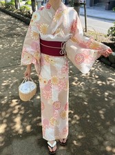 Japanese Yukata Kimono 100 Cotton Pink Beige Peony Chrysanthemum Flower Obi New