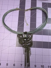 Premier Designs Crown Tag Necklace Y Style Rhodium Chain Tassel Satin Cords Rad!