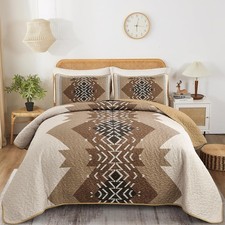 Queen King Multi-Color Boho Quilt 3-Piece Aztec Geometric Coverlet All Season