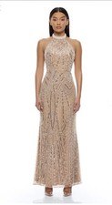 Fashion Nova Divina Nude Embellished Mesh Maxi Gown Women Size XS