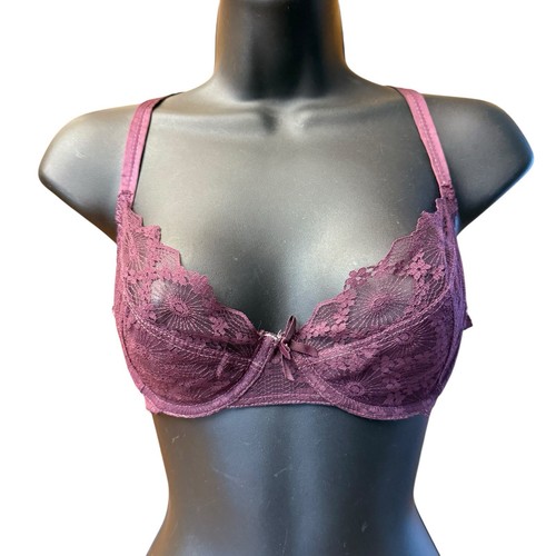 Vtg Jezebel Renee of Hollywood Bra 32D Purple Sheer Lace Underwire Crisscross