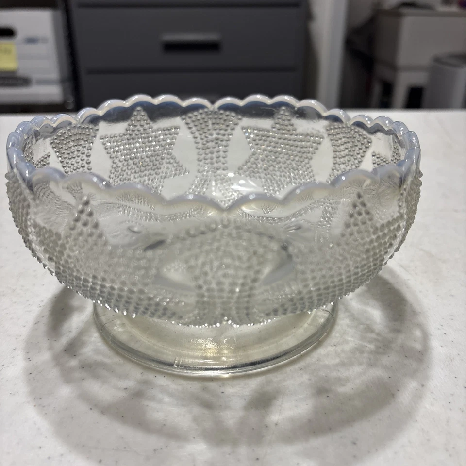 Fenton Clear Opalescent Glass Beaded Stars Footed Bowl Dish Edwardian Vintage - Image 2 of 4
