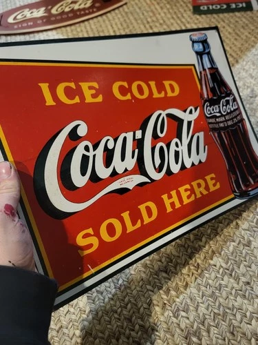 NICE VINTAGE ice Cold Coca Cola Sold Here Sign AUTHENTIC metal Red