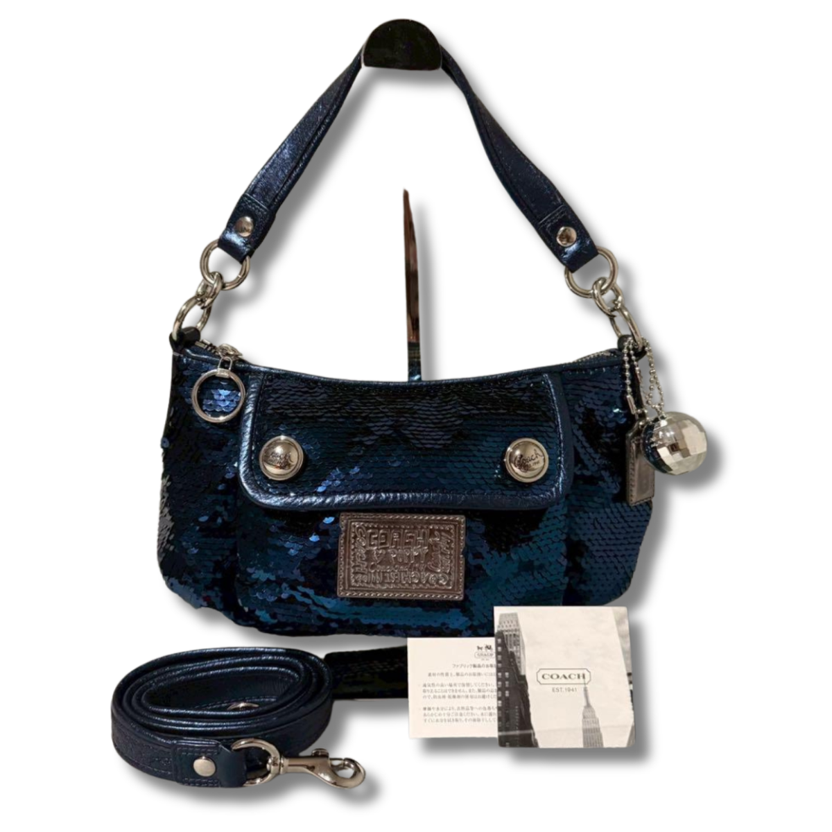 COACH Poppy Shoulder Bag Sequin Blue Handbag Tote 2WAY Vintage 17