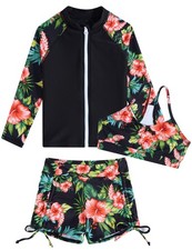 Girls Swimsuits Size 10-12 Bathing Suit Shorts Rash Guard Long Sleeve 3 Piece...