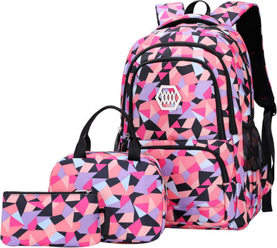 Girl Geometric Printed Primary Junior High University School Bag Bookbag 3Pcs Ba
