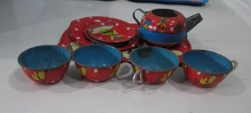 Vtg The OHIO ART Co Childs Tin Tea Set Skating Dutch Boy & Girl, Duck, Windmills