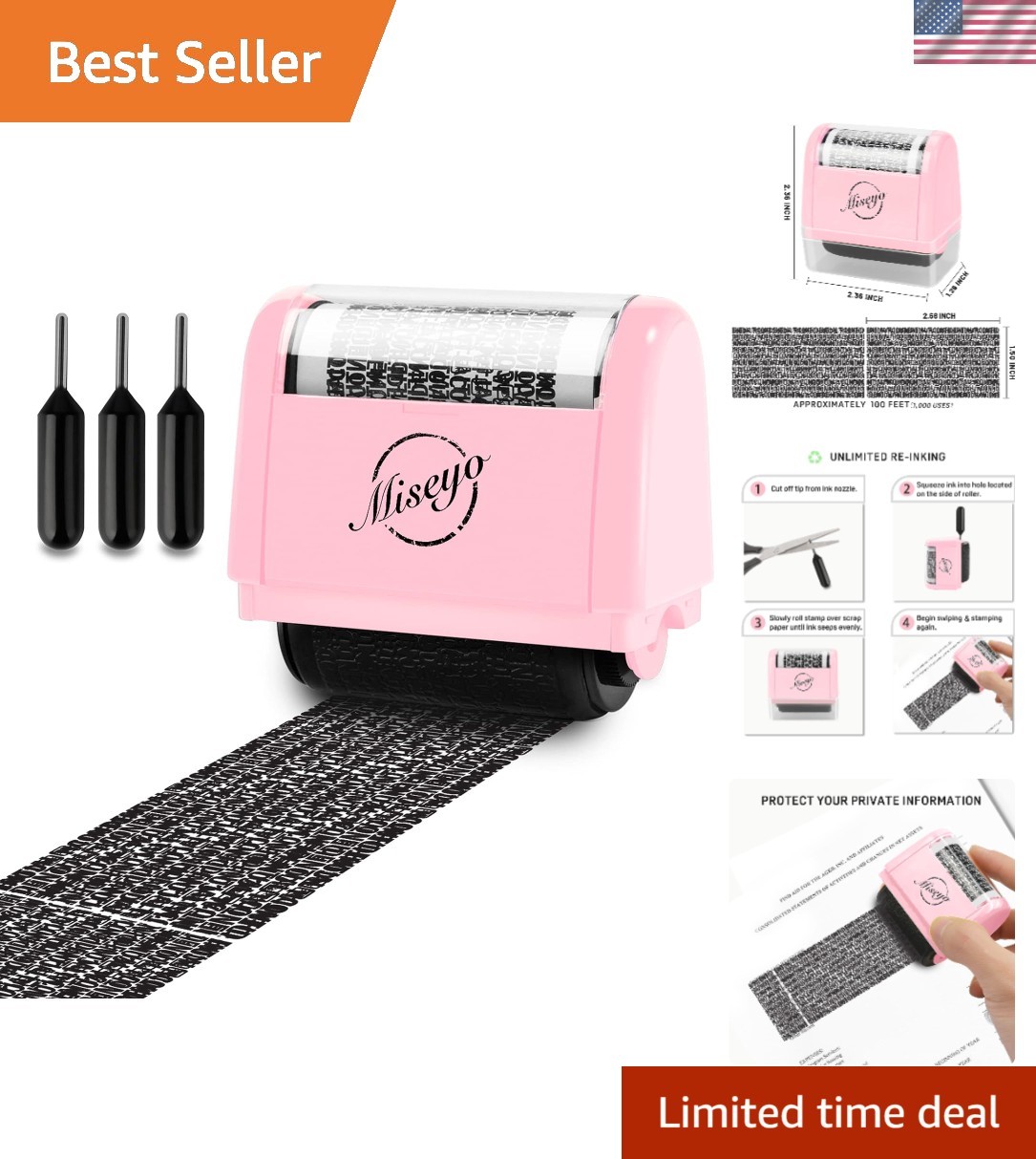 Wide Identity Theft Protection Roller Stamp Set - Pink 3 Refill Ink Included