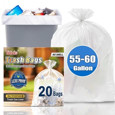 Large Clear Trash Bags 55-60 Gallon 20 Counts Fit 50,55,60Gal Outdoor