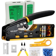 RJ45 Pass Through Crimp Tool Kit Ethernet Crimper Tester 50 Plugs 50 Covers