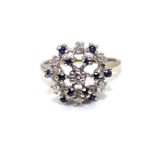 Vintage 14K White Gold Ring Size 7.25 Natural Sapphire Diamond Dome Cluster