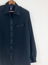 Laura Scott Black Tuxedo Blouse Size 12 Shoulder Pads Satin Trim Button Front