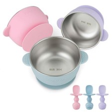 3 Pack Stainless Steel Suction Baby Bowls 3 Silicone Baby Spoons Non-Slip...