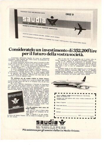 Saudia Arabian Airlines Saudi Tiket 1974 Werbung Original 1 Seite - Picture 1 of 1