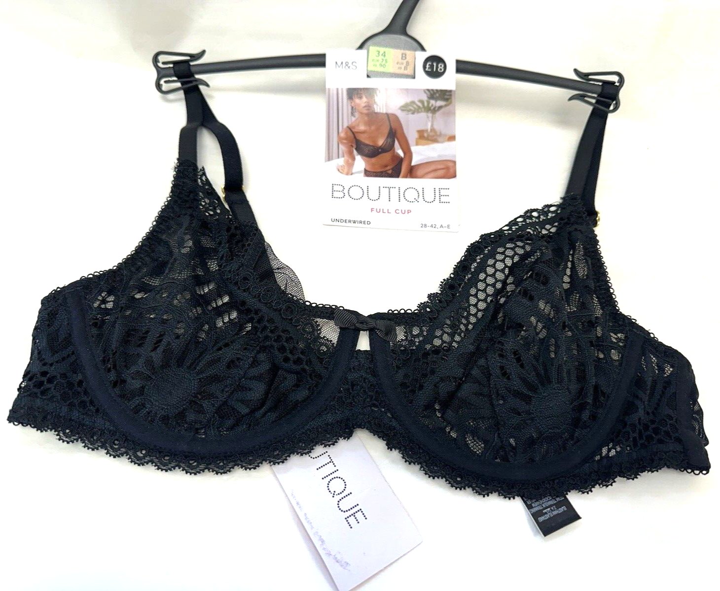 NEW M&S Boutique Marks & Spencer 34B black lace unpadded underwired full cup bra