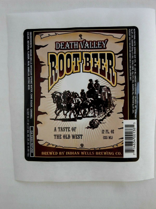 SODA POP LABEL "DEATH VALLEY ROOT BEER" INDIAN WELLS BREWING CO. 3 1/4" X 3 3/4"