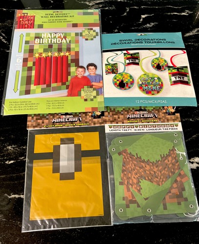 Minecraft lot Happy Birthday Banner, 6’ Backdrop Hanging Decorations, Treat bags - 第 1/13 張圖片