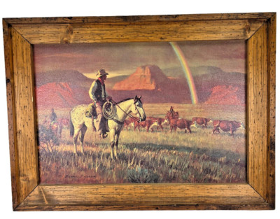 Duane Bryers Western Art Painting Print Wood Frame Fringe Benefit Cowboy Rainbow